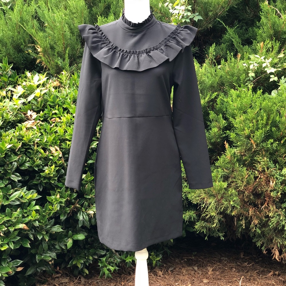 Long sleeve High Neck Ruffle Little Black Dress
